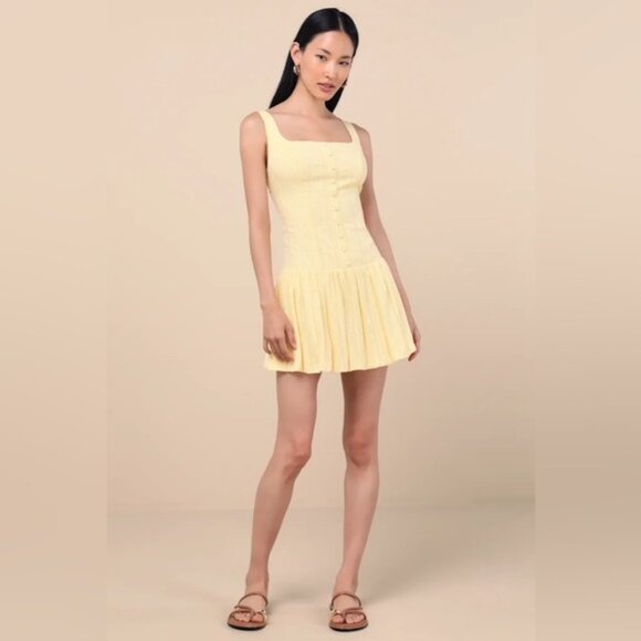 Lulus Khamari Yellow Textured Drop Waist Bubble-HemMini Dress - Picture 3 of 9